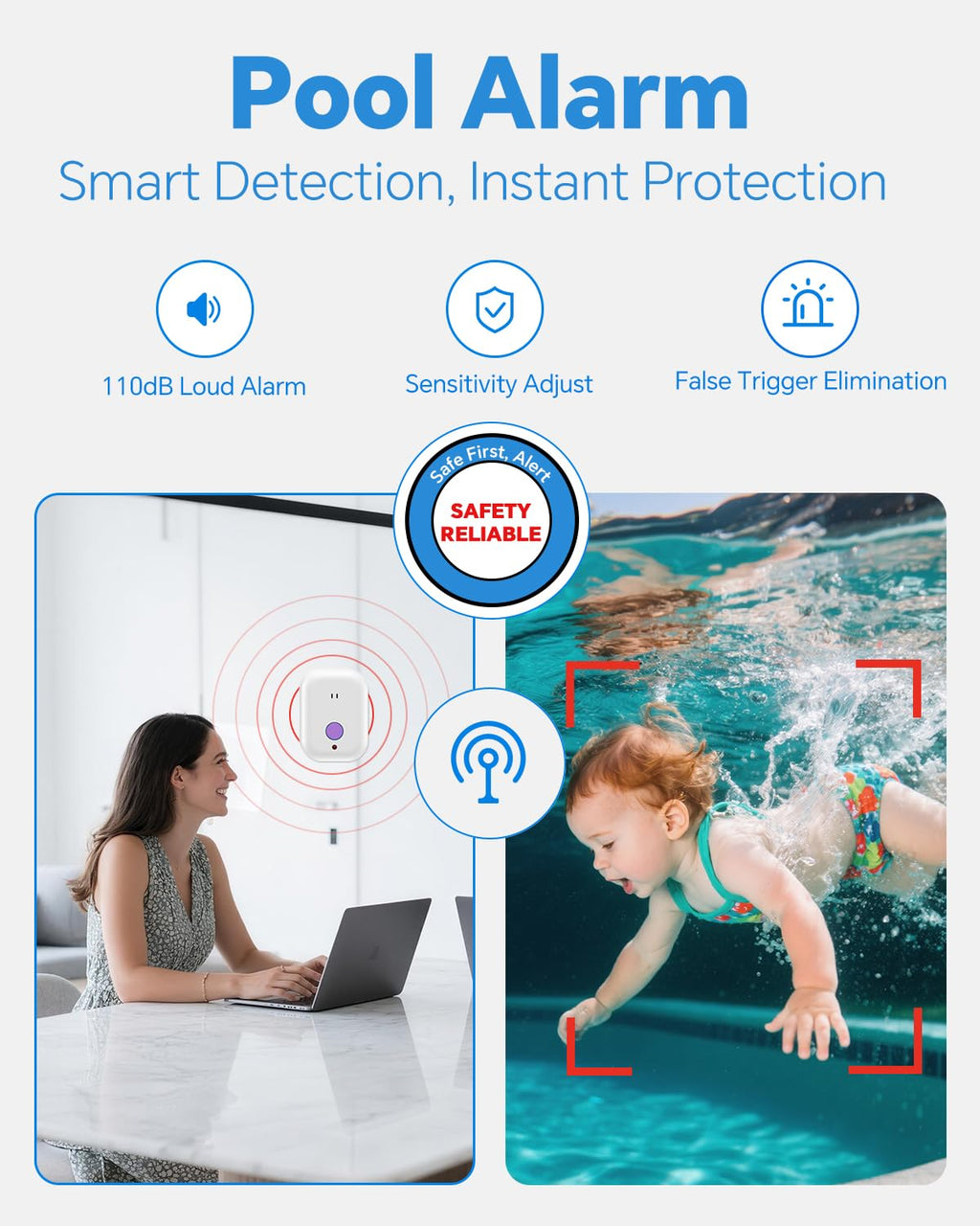 Pool Alarm, Floating Pool Safety Alarms for Inground & Above Ground Pools – Loud 110dB Alert, Adjustable Sensitivity, Protection for Kids & Pets (Blue+Black)