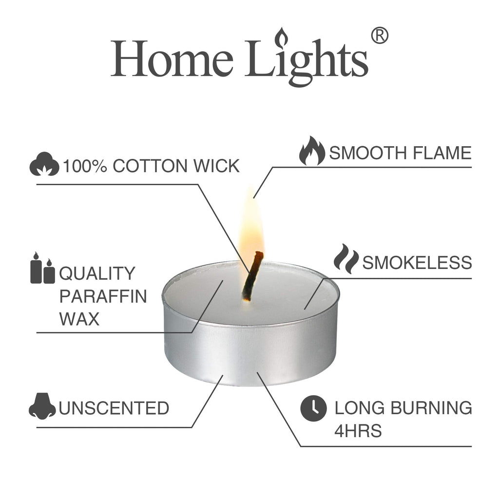 HomeLights Tealight Candles - 4 Hours - Giant 100,200,300 Bulk Packs - White Unscented European Votive Smokeless Tea Lights for Shabbat, Weddings, Christmas, Home Decorative - 200 Pack