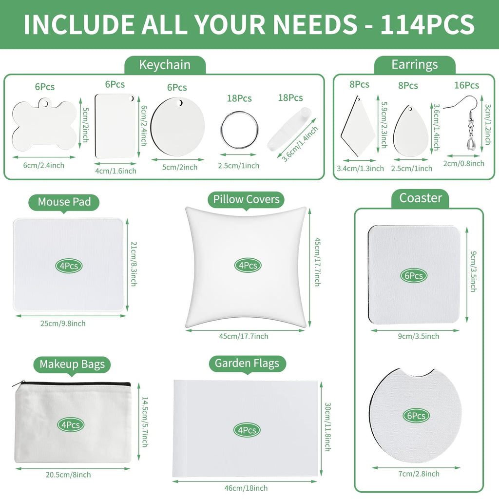 114Pcs Sublimation Blanks Products, Sublimation Blanks Set Including DIY Blank Makeup Bag, Keychain, Earring, Pillow Cover, Mouse Pad, Coaster, Garden Flag for Sublimation Transfer Christmas Craft