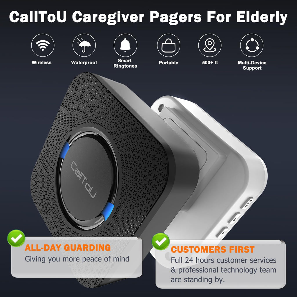 CallToU Wireless Caregiver Call Button Elderly Monitoring Alert Systems for Seniors 1 Plugin Receiver 2 Waterproof Transmitters