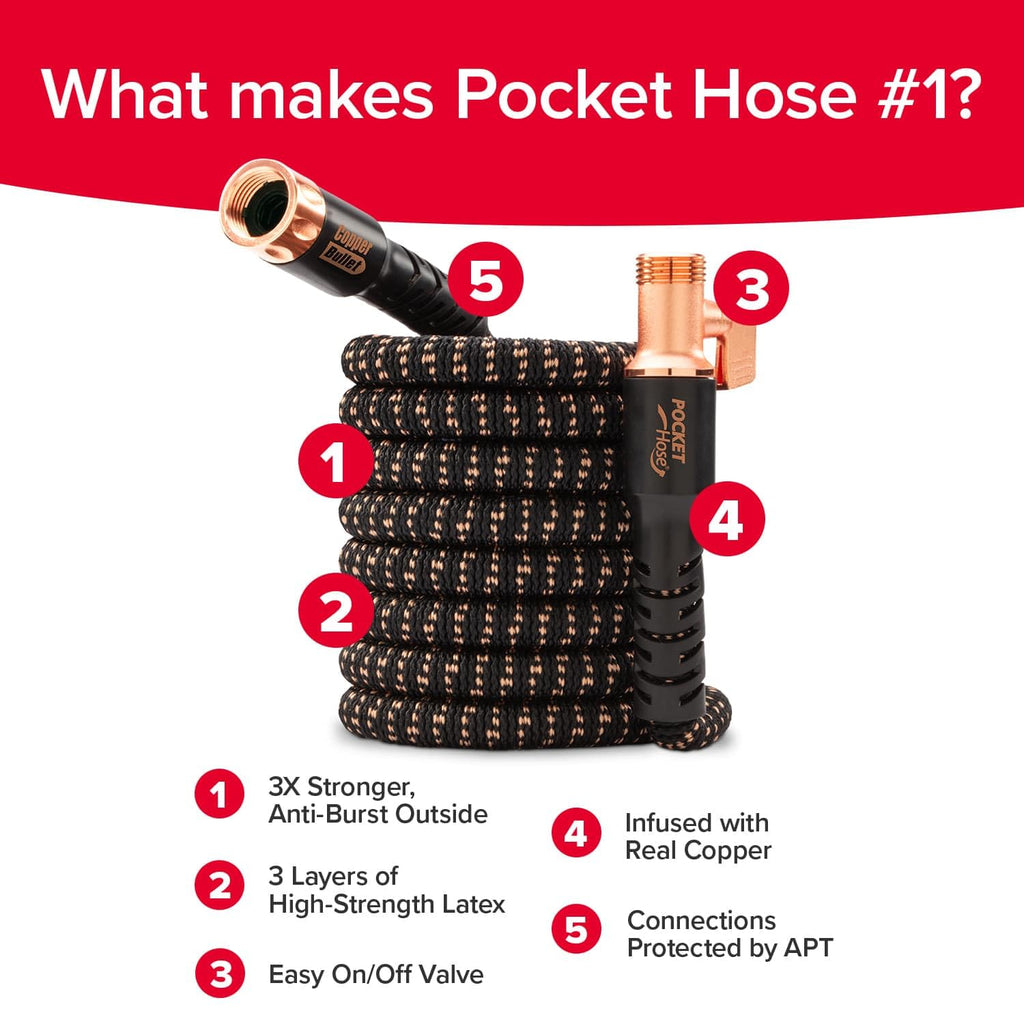 Pocket Hose Copper Bullet Expandable Garden Hose 25 FT w/10 Pattern Thumb Spray Nozzle AS-SEEN-ON-TV 650psi 3/4 in Patented Lead-Free Ultra-Lightweight Solid Copper Anodized Aluminum Fittings No-Kink