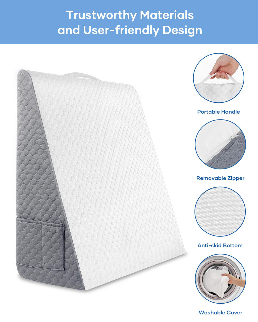 Forias Wedge Pillow 12" Bed Wedge Pillow for Sleeping Wedge Pillow for After Surgery Triangle Pillow Wedge for Acid Reflux Snoring Heartburn Back Pain, Machine Wash Cover | Memory Foam Top