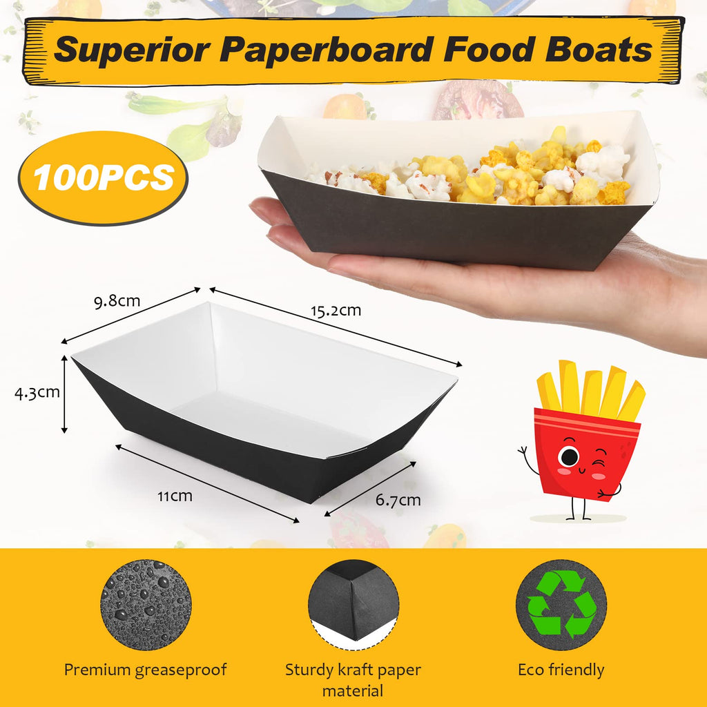 Yinkin 100 Pcs 2lb Paper Food Trays Boat 2lb Disposable Nacho Trays Kraft Paper Boat for Tacos Concession Halloween Christmas Party Supplies(Black)