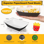 Yinkin 100 Pcs 2lb Paper Food Trays Boat 2lb Disposable Nacho Trays Kraft Paper Boat for Tacos Concession Halloween Christmas Party Supplies(Black)