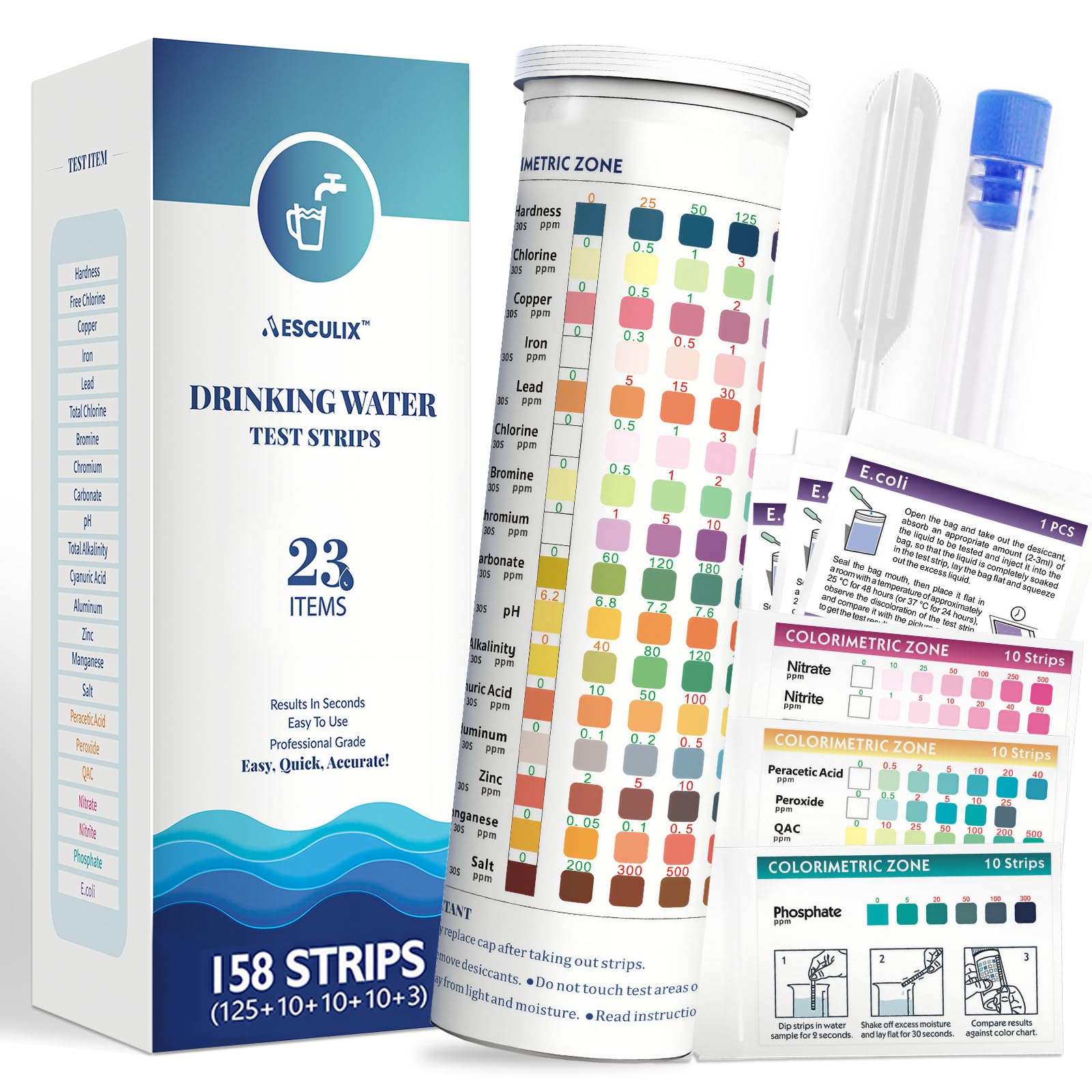 All-New 23 in 1 Drinking Water Testing Kit 158 Strips,Well Water Testing Kit & Water Test Strip for House Water for Hardness，Chlorine,Copper,Iron,Lead,pH and More