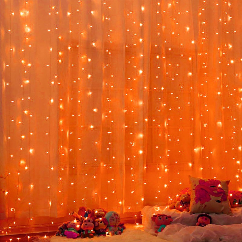 Twinkle Star 300 LED Window Fairy Curtain String Lights, 8 Modes Fairy Lights for Halloween Christmas Bedroom Wedding Party Home Garden Outdoor Indoor Wall Decorations, Orange, 2 Pack