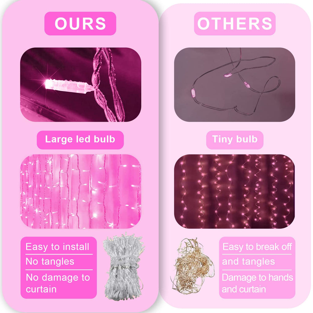 JMEXSUSS 300 LED Remote Control Pink Curtain Lights, 8 Modes Pink Christmas Lights Indoor, Pink String Lights for Bedroom Window Wall Party Backdrop Valentine Xmas Decorations (9.8x9.8ft)