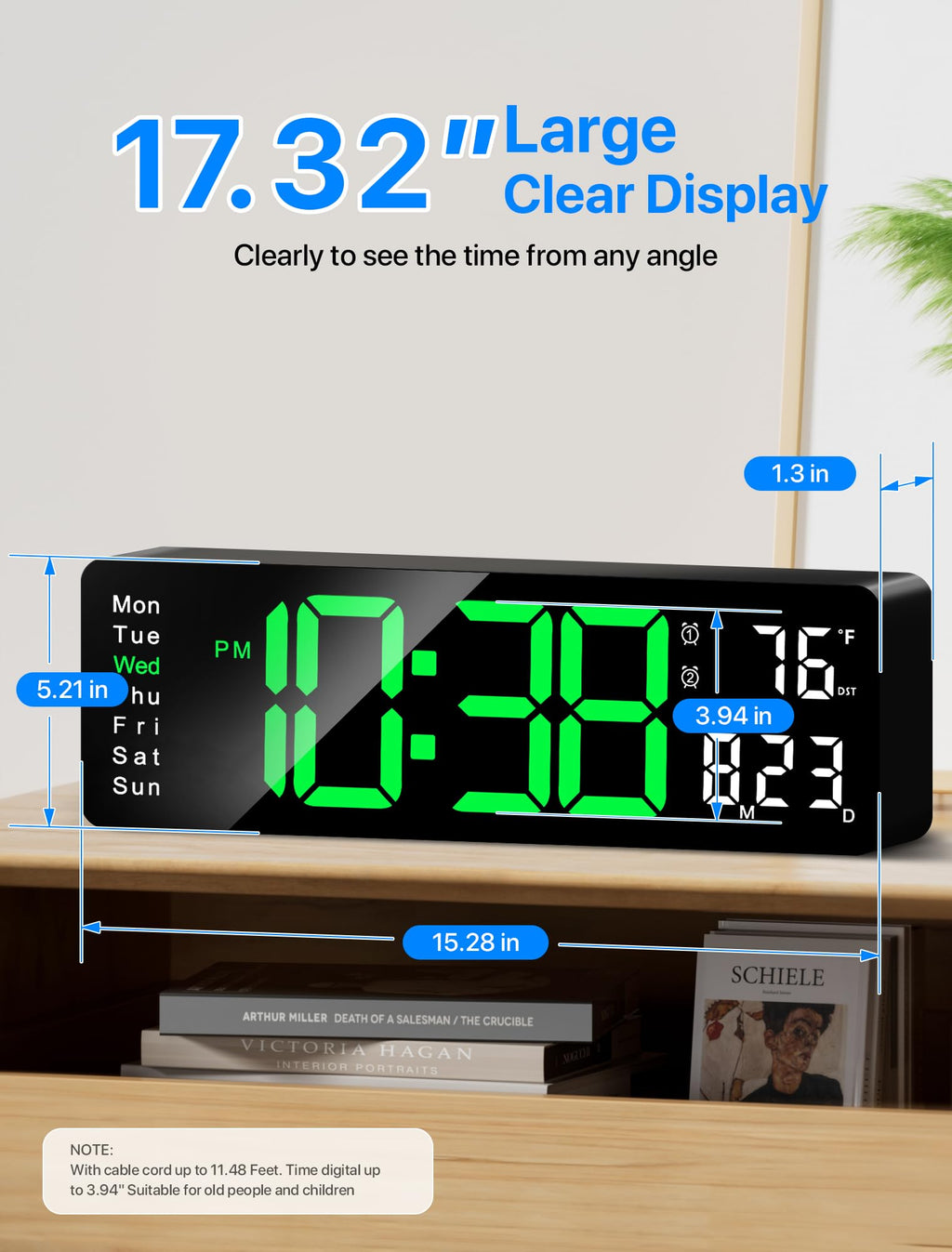 MASHI Digital Wall Clock, 17.3" Large Display Digital Clock with Remote Control, Auto-Dimming Wall Clock with Night Light, DST, Date Week,Temp for Living Room, Bedroom, Decor, Gift for Elderly