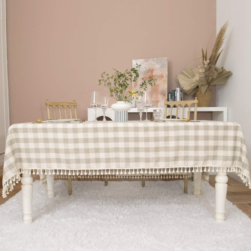 Midsummer Breeze Rustic Checkered Tablecloth, Cotton Gingham Rectangle Table Cloths for Kitchen Dining Restaurant Farmhouse Thanksgiving Christmas Decor (55x84”,Gray Khaki)