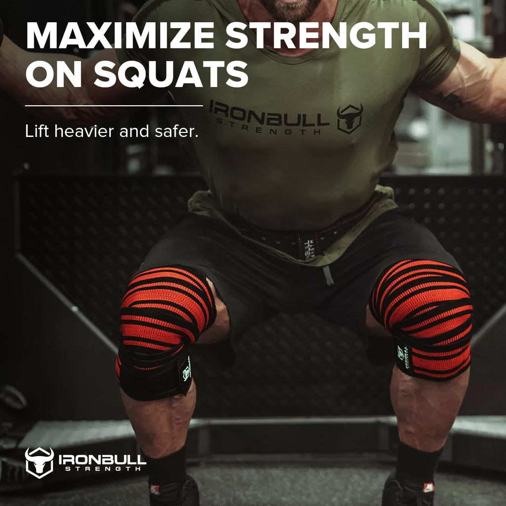 Iron Bull Strength Knee Wraps (1 Pair) - 80" Elastic Knee and Elbow Support & Compression - For Weightlifting, Powerlifting, Fitness, WODs & Gym Workout - Knee Straps for Squats (Black/Red)