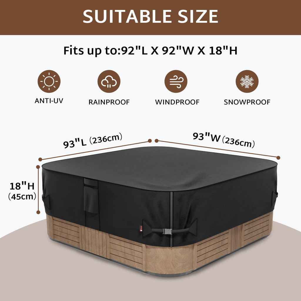 iBirdie Outdoor Waterproof Hot Tub Cover 93 x 93 inch fit 92 x 92 or 91 x 91 or 90 x 90 Square SPA 600D Heavy Duty Weatherproof Protectors Protective Cover Cap