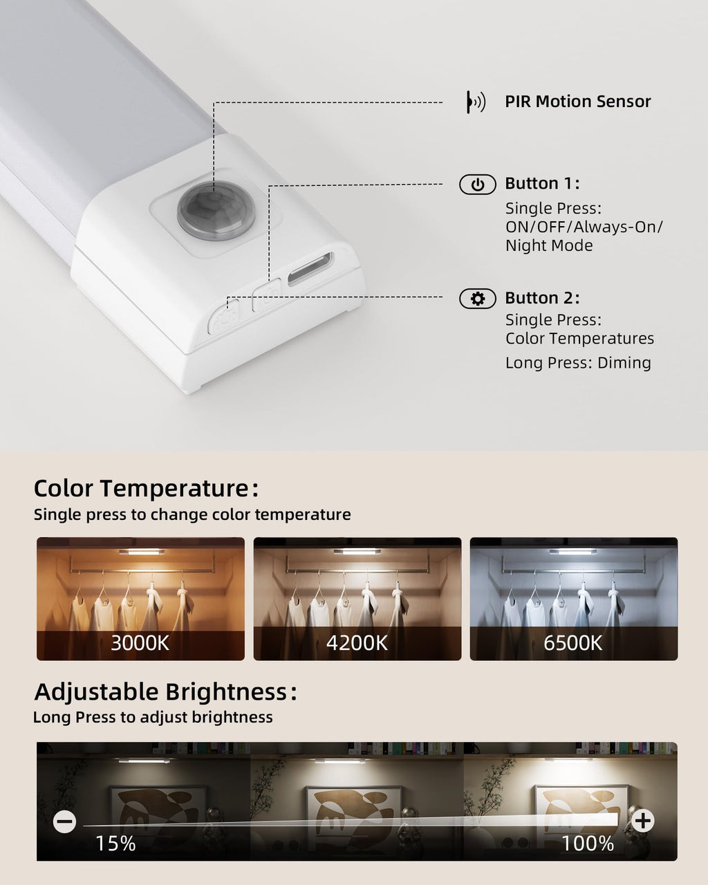 EZVALO Closet Lights, 30 LED Rechargeable Under Cabinet Lighting Wireless, 3 Color Temps Under Cabinet Lights, Dimmer Motion Sensor Light Indoor for Pantry, Kitchen, Bedroom, Woadrobe (3 Pcs)…