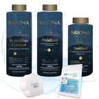 Sirona Simply Hot Tub Care Kit: Waterline Cleaner, Oxidizer, Non-Chlorine Sanitizer with My Garden Pool 20 Ct. Test Strips & Scum Sponge Flower Oil-Absorbing Sponge for Hot Tubs and Pools
