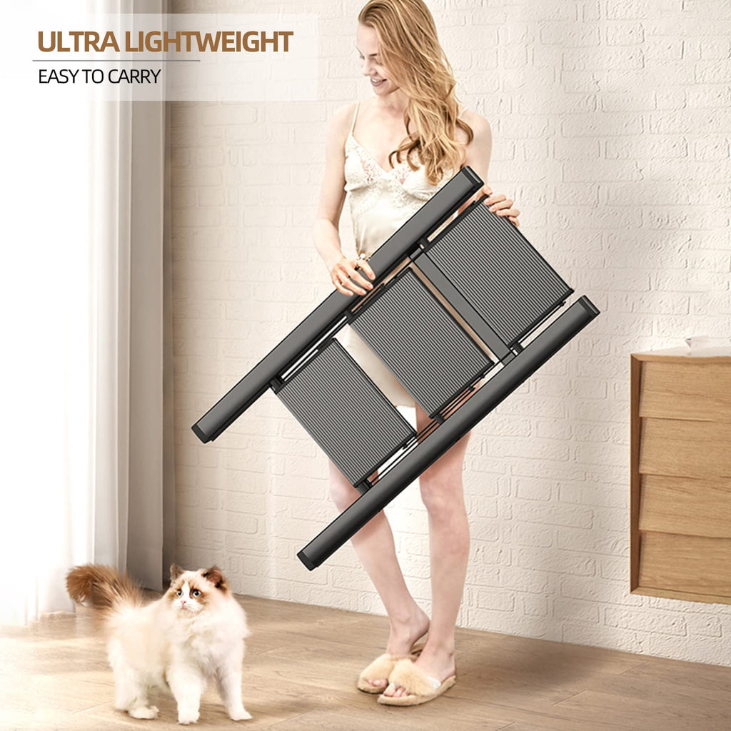 GameGem 3 Step Ladder Folding Step Stool with Anti-Slip Sturdy and Wide Pedal for Adults&Elderly, Aluminum Portable Lightweight Stepladder for Home Kitchen Office, Black, 330lbs