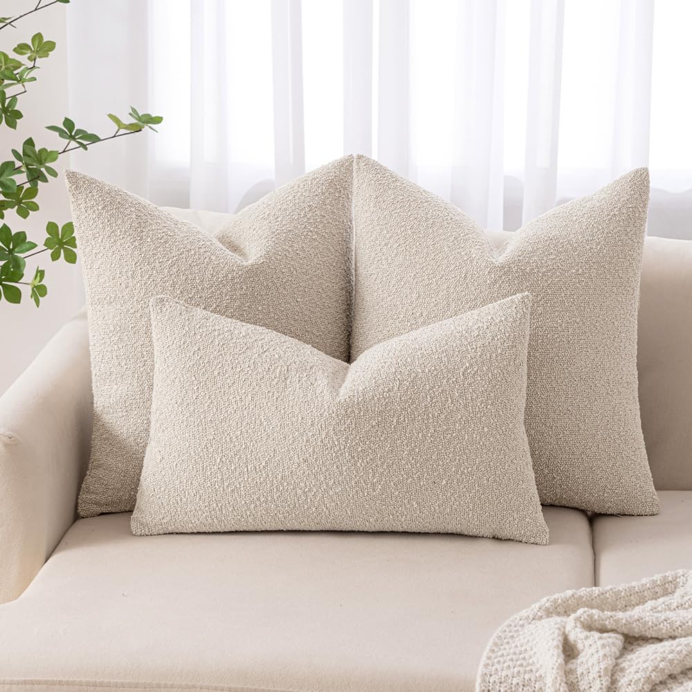 MIULEE Set of 2 Beige Throw Pillow Covers 24x24 Inch Decorative Couch Pillow Covers Textured Boucle Accent Solid Christmas Pillow Cases Soft for Cushion Chair Sofa Bedroom Livingroom Home Decor