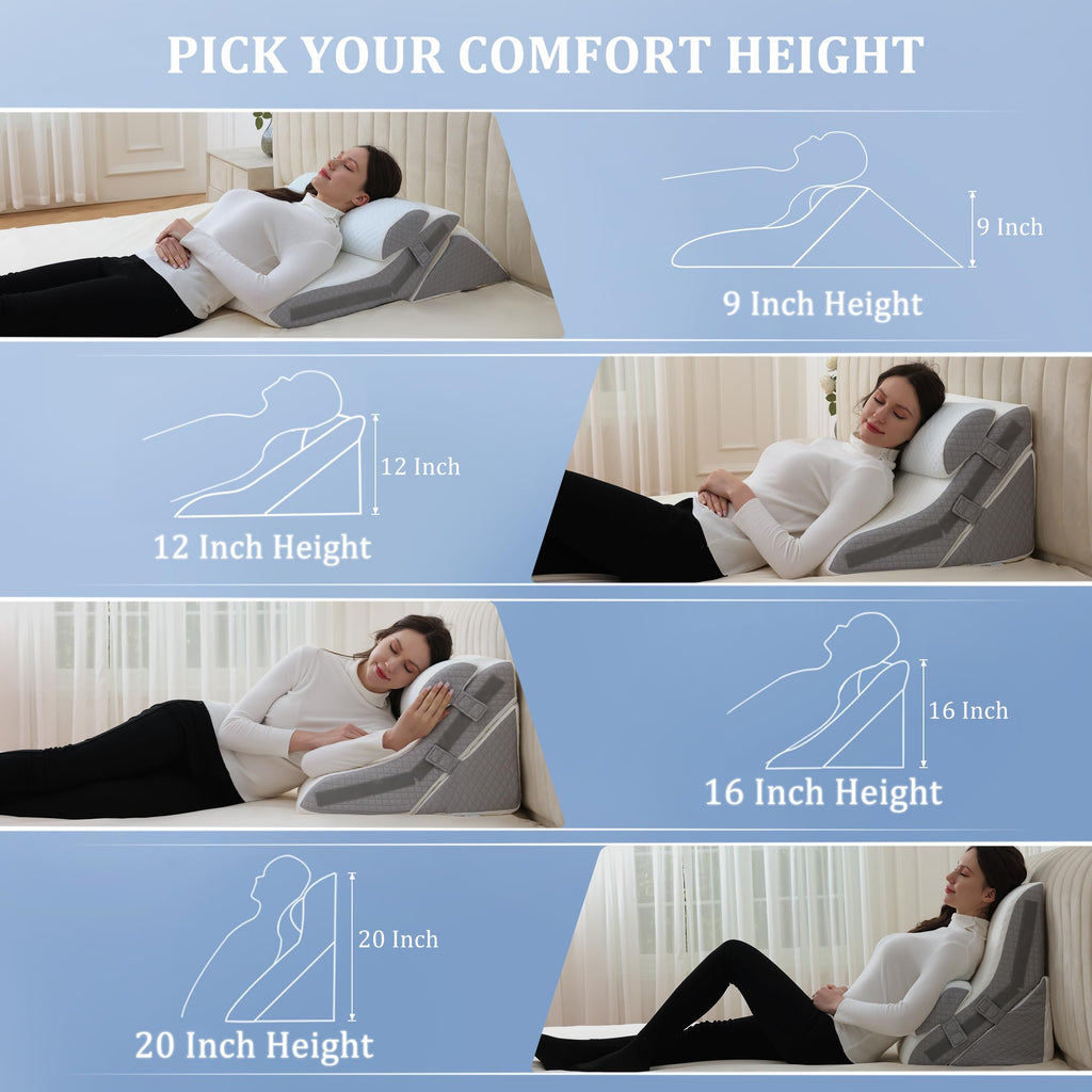 Flyxunfri Bed Wedge Pillow for Sleeping Orthopedic Wedge Pillows Set 9&12&16&20 Inches Adjustable Memory Foam Reading Pillow for Acid Reflux Relief Ergonomic Incline for Back Pain