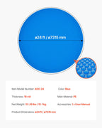 VEVOR Solar Pool Cover, 24 ft Round Pool Bubble Cover, 16 Mil Pools Solar Blanket with Bubble & PE Material, Daytime Heat Absorption, Nighttime Heat Retention, Heat Retaining Solars Covers, Blue