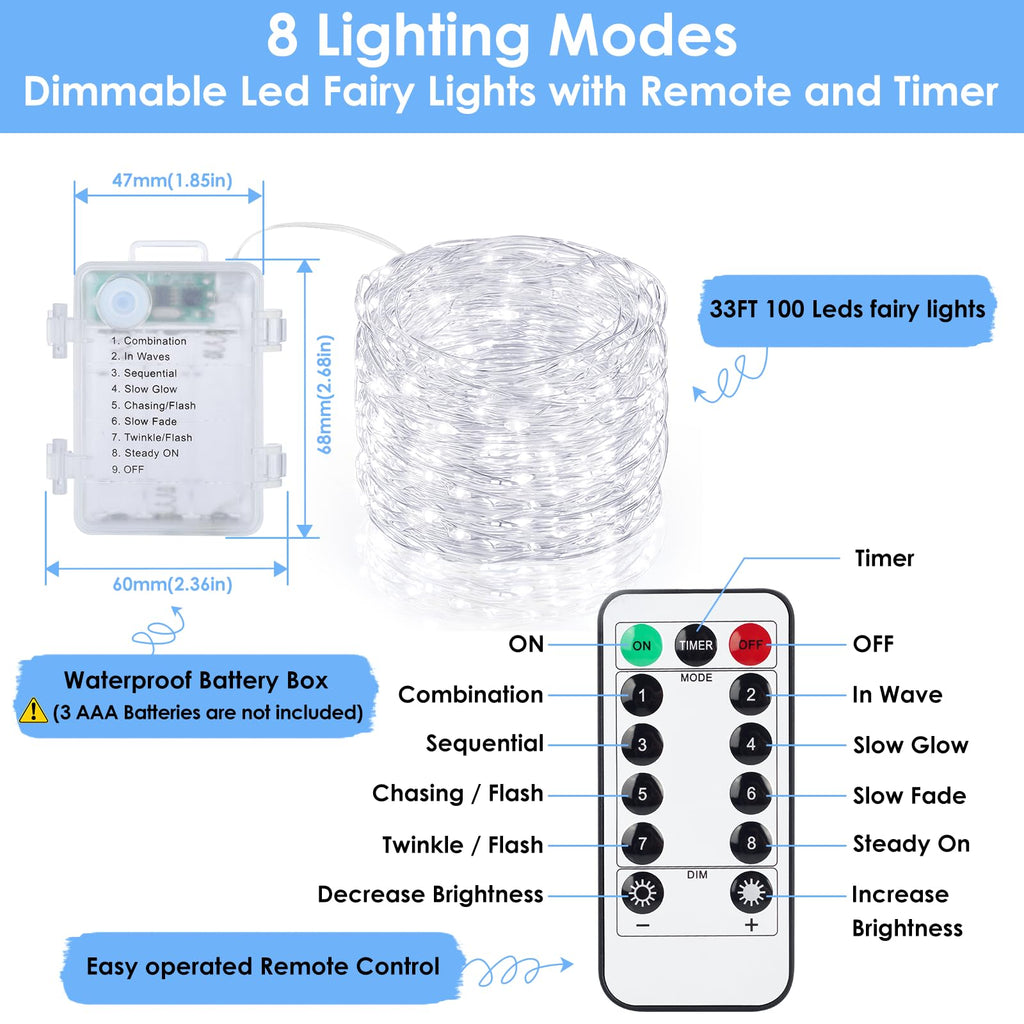 Mlambert 3 Pack 33FT Fairy Lights Battery Operated with Remote and Timer, Dimmable Waterproof 8 Modes Lights for Classroom Christmas Party-Cool White