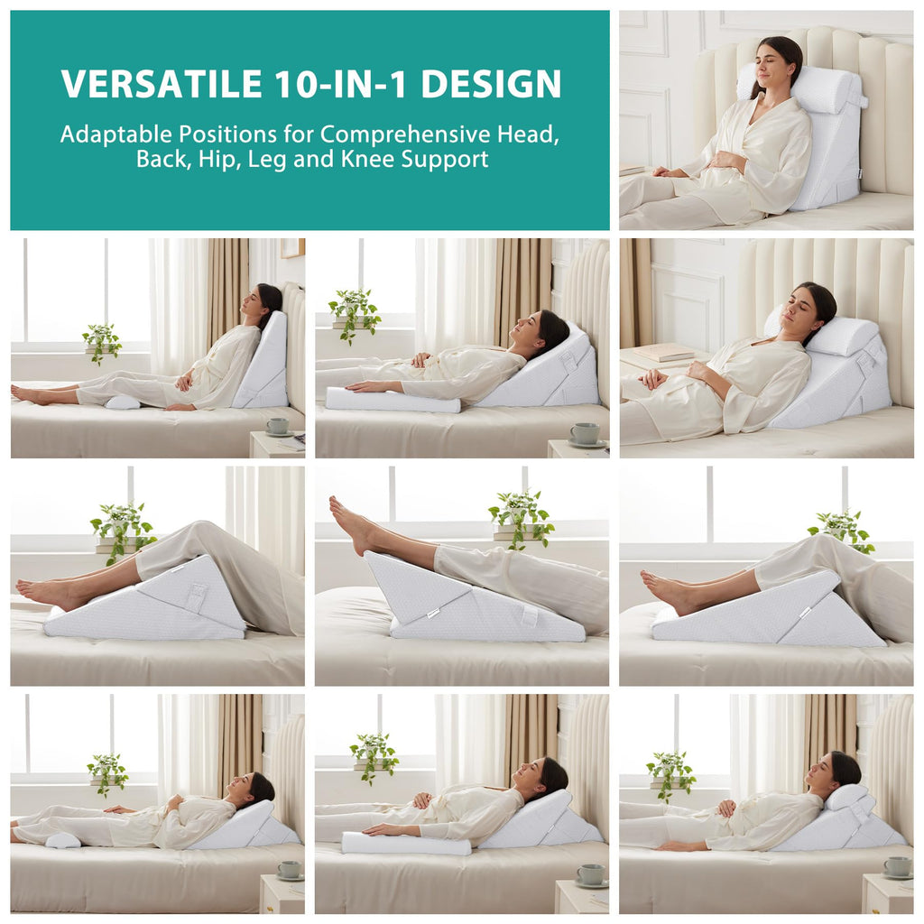 Bedluxe 3Pcs Orthopedic Bed Wedge Pillow Set, Foam Wedge Pillow Post Surgery for Back, Leg and Knee Support, Adjustable 9&12 Inch Folding Triangle Pillow for Sleeping, Acid Reflux, Snoring, White