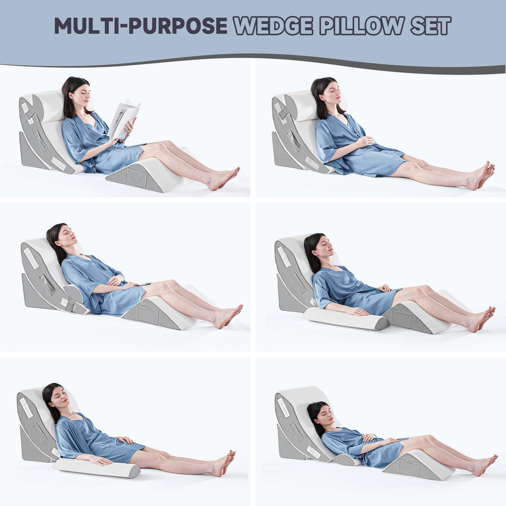 Yojoker 4PCS Orthopedic Bed Wedge Pillow Set for Sleeping, Post Surgery Foam Pillow for Body, Back and Leg Pain Relief, Triangle Adjustable Support Pillow - Acid Reflux Sleeping Pillows