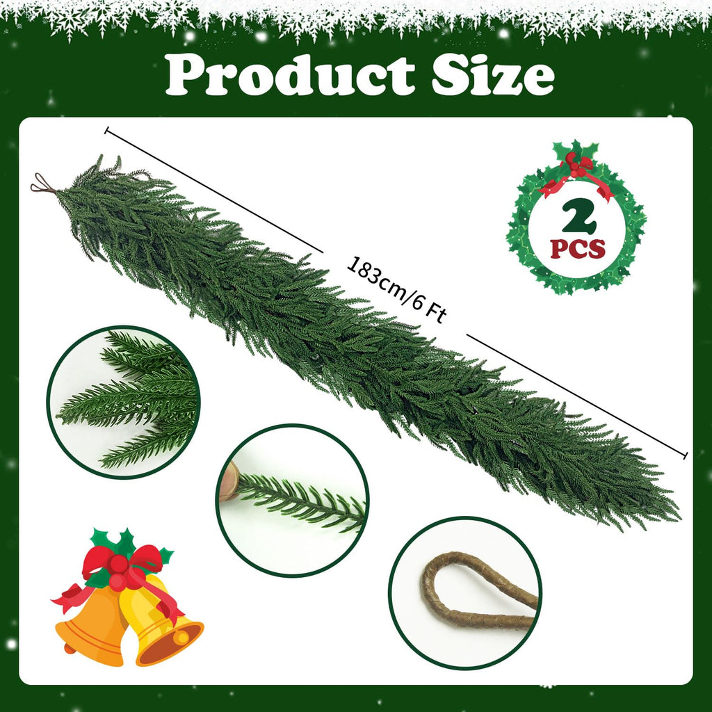 6 Ft 2 Pcs Artificial Norfolk Pine Garland, Real Touch Green Faux Greenery Garland for Christmas Table, Mantle, Wall, Fireplace, Indoor Outdoor Holiday Decor