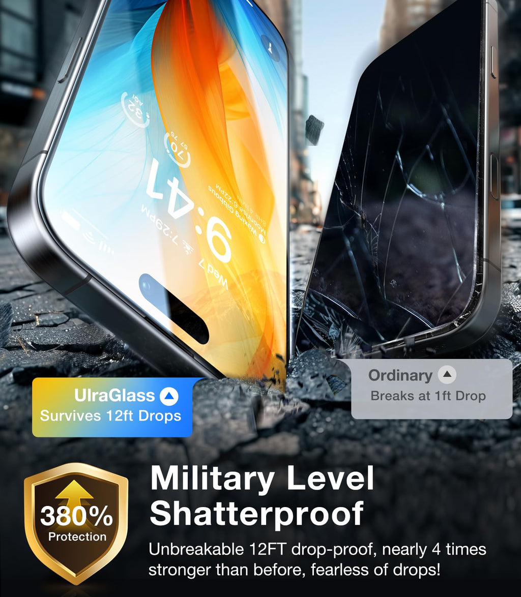 UltraGlass Unbreak Top 9H+ Glass for iPhone 16 Pro Screen Protector 6.3" [12FT Military Grade Shatterproof] Screen Protector 16 Pro Tempered Glass [Longest Durable] Full Coverage 16Pro, 2 Pack