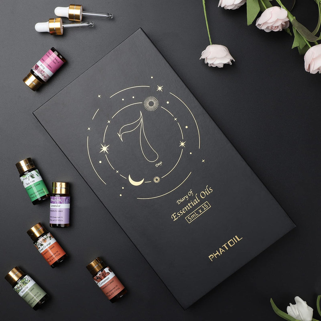 PHATOIL Essential Oils Gift Set 15 x 5ml, Pure Essential Oil Aromatherapy Oil for Skin Care, Hair Care, Bath, Ideal for Humidifier, Diffuser, Relax