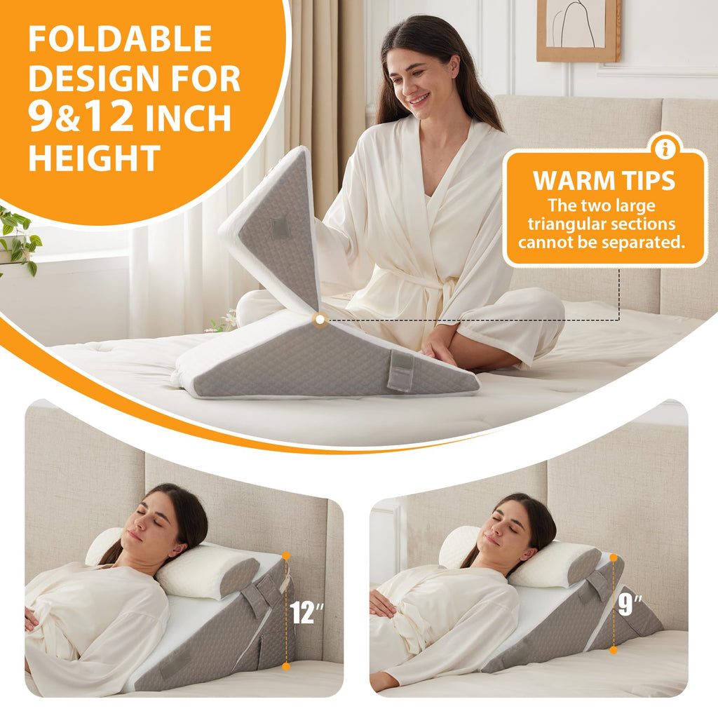 Ruqmuis 3PCS Wedge Pillow Set for After Surgery, Wedge Pillow Headboard, Adjustable 9&12 Inch Sleeping Wedge, Acid Reflux, Orthopedic Pillow Wedge for Back Pain Relief, Gerd, White/Grey
