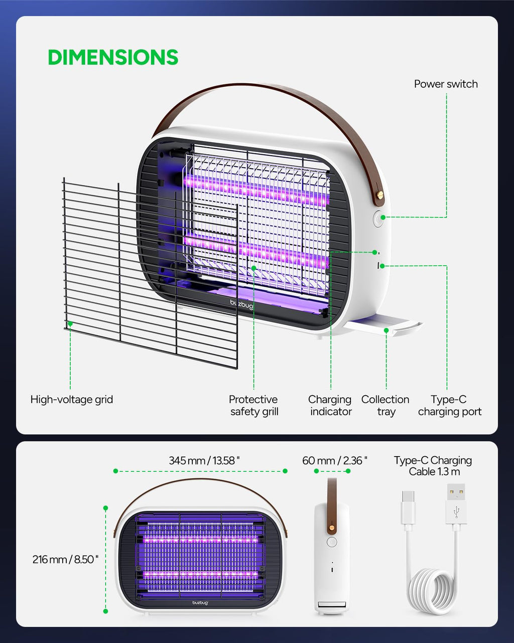 Buzbug LED Bug Zapper Indoor Outdoor, Rechargeable 5200mAh, Dual Band Attraction, 50000H Long-Life LED Bulbs, Portable Mosquito Zapper, Fly Trap Mosquito Trap, Fly Killer Fly Zapper – MA015C