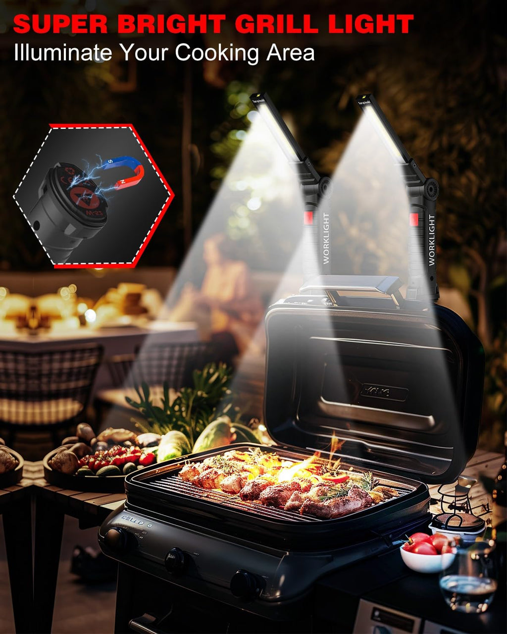 Coquimbo Tool Gifts for Men Dad Him, Rechargeable LED Work Light Grill Light with Magnetic Base and Hook 5 Modes 360° Rotate Mechanic Light Stocking Stuffers Mens Gifts (2 Pack Black)