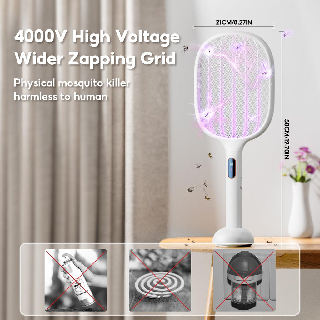 Qualitell Electric Fly Swatter Racket Rechargeable Handheld Bug Zapper 4000V with 2 Stand Base, Large Mosquito Killer with Power Display for Indoor Outdoor