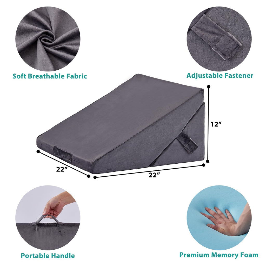 Bedluxe Wedge Pillow for Sleeping, Adjustable 9&12 Inch Foldable Bed Wedge Pillow Set, Orthopedic Memory Foam Triangle Pillows Wedge, 7-in-1 Elevated Pillows for Leg and Back Support, Velvet