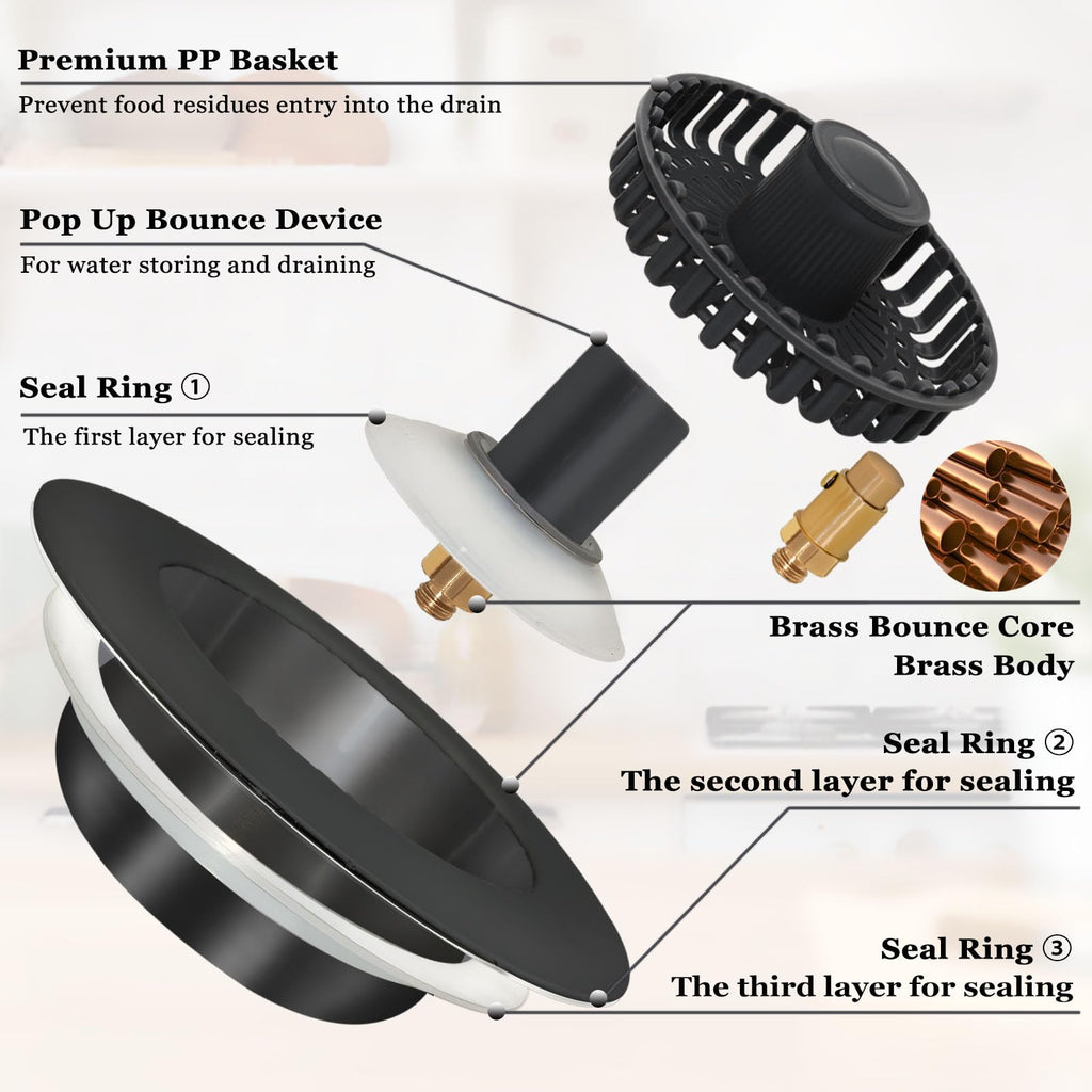 BAOLSLS 3 in 1 Kitchen Sink Stopper, Pop Up Kitchen Sink Drain Strainer, with an Extra Basket Strainer, Kitchen Sink Drain Stopper for US Standard 3-1/2 Inch, Brass Material Electroplate Black