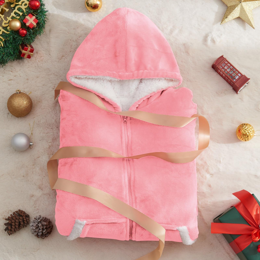 JOYWOO Pink Wearable Blanket Hoodie, Oversized Birthday Gifts for Girlfriend, Hooded Blanket Christmas Gifts for Girls Women, Cozy Fuzzy Sherpa Sweatshirt Blanket with Giant Pocket and Zipper, Pink