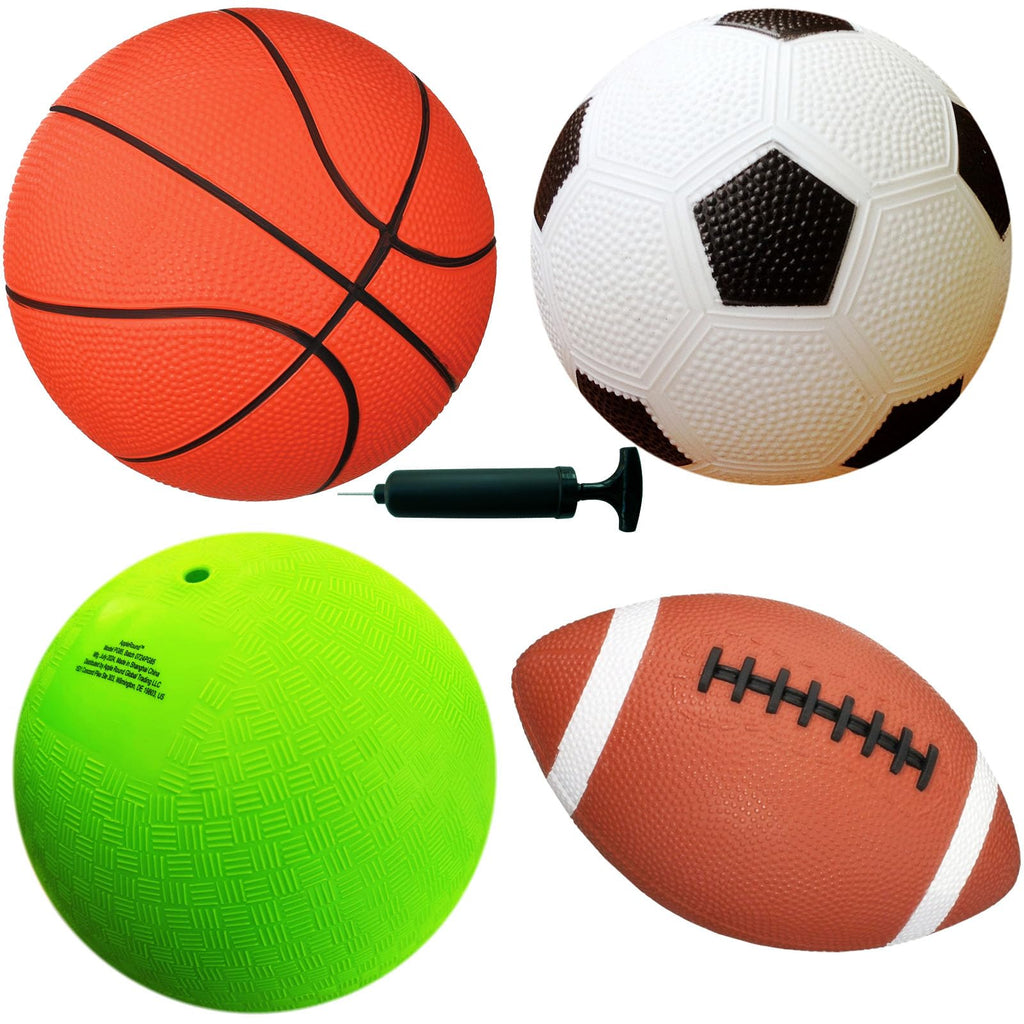 4-Pack Sports Balls for Toddlers & Kids with Pump – 5-Inch Soccer Ball, Basketball, Playground Ball & 6.5-Inch Football – Soft Small Balls for Indoor/Outdoor Play (Ages 2-7)