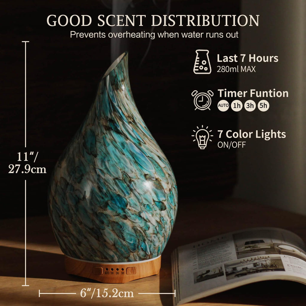Porseme 280ml Glass Essential Oil Diffuser Aromatherapy Ultrasonic Cool Mist Humidifier 7 Running Hours Waterless Auto-Off Air Diffusers for Sleeping, Yoga, Office Working, Spa and Rest (Light Blue)