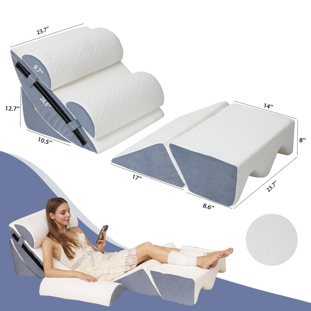 Acxseo 6pcs Orthopedic Bed Wedge Pillow Set for After Surgery, Foam Wedge for Sleeping/Back, Neck, Leg Support, Acid Reflux, Gerd, Anti Snoring, Adjustable Support Pillow with Washable Cover - White