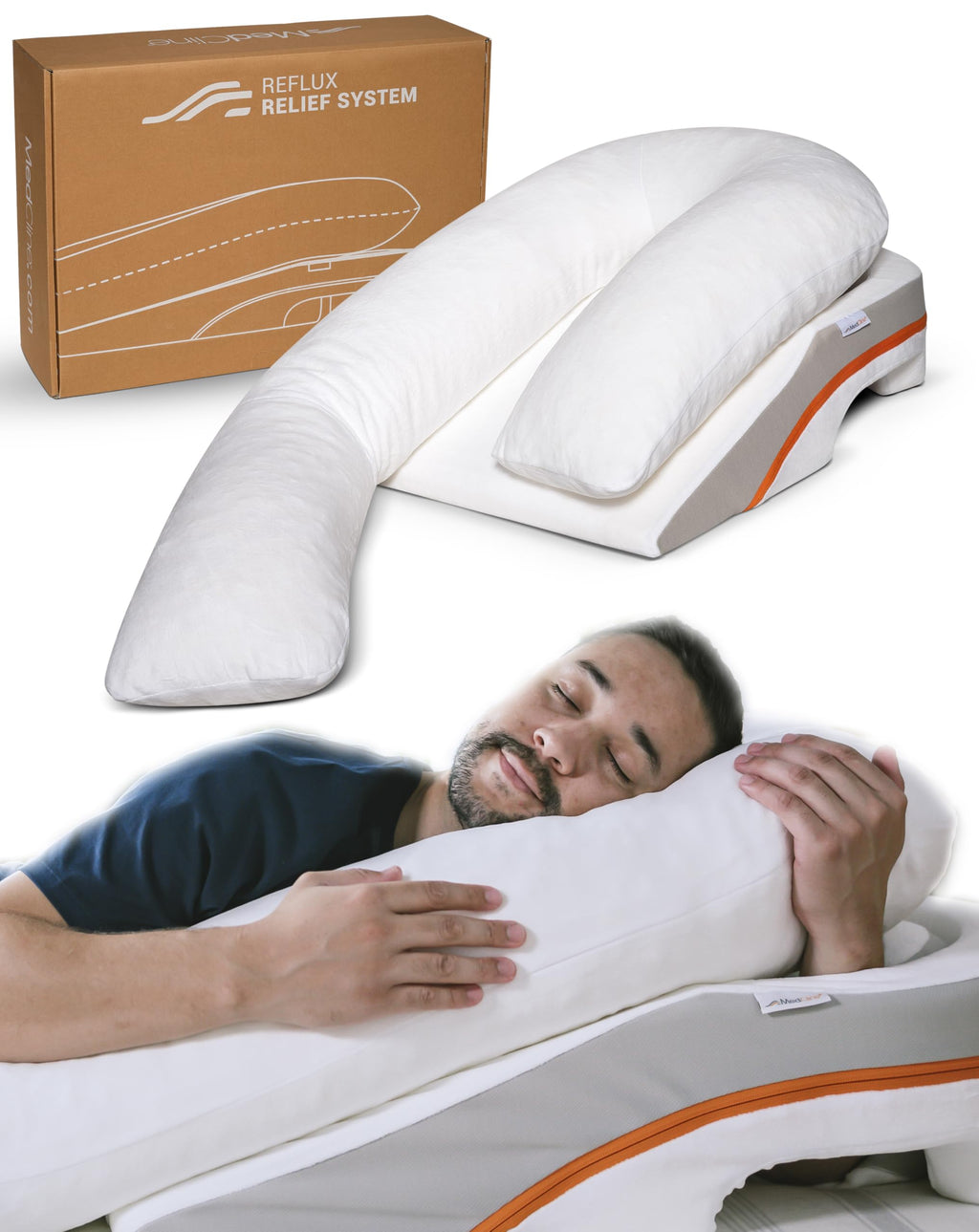 MedCline Reflux Relief System, Bed Wedge Pillow for Acid Reflux and GERD Relief, Therapeutic Body Pillow with Insert and Covers, Inclined Sleep Position with Arm Pocket, Large for 6'0" or Taller