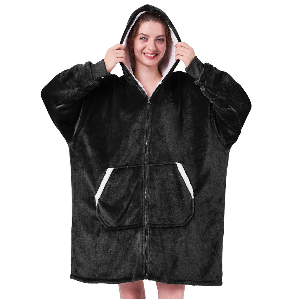 JOYWOO Wearable Blanket Hoodie, Oversized Hooded Blanket for Adult, Birthday Christmas Gifts for Women Men, Cozy Fuzzy Sherpa Sweatshirt Blanket with Giant Pocket and Zipper, Black