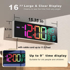 JALL 16" Large Digital Wall Clock with Remote Control, Timer, Alarm with Big LED Screen Dispaly, 8 RGB Colors, Auto DST, Temperature for Living Room, Bedroom, Mounted, Gift for Elderly, White