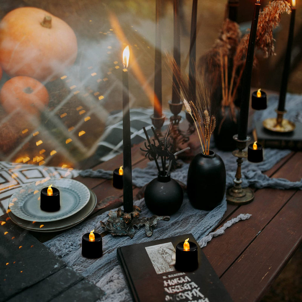 LANKER 24 Pack Black Tea Lights Candles – Flickering Warm Yellow Lights Flameless LED Candles – Battery Operated Fake Candles – Decoration for Halloween and Christmas (Black)