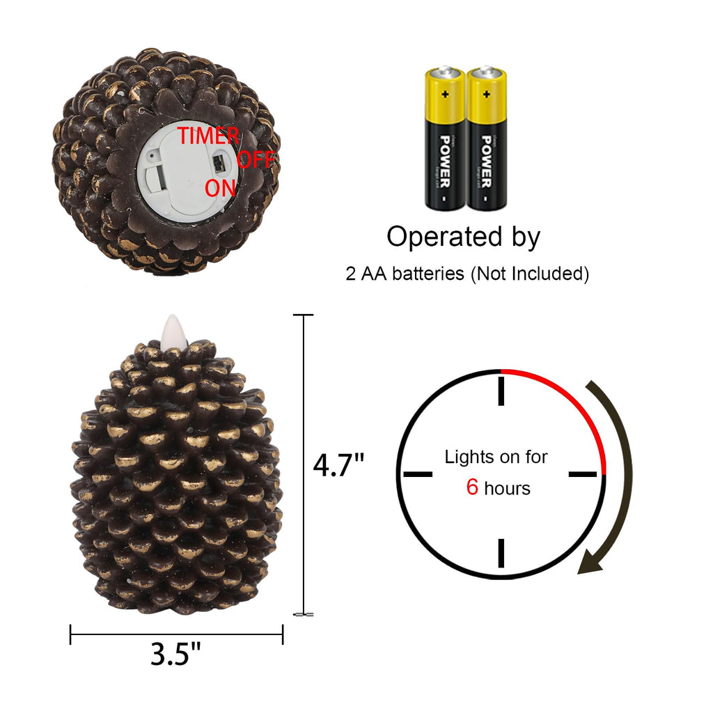 Eldnacele LED Pine Cone Candles, Battery Operated Flameless Candles with Timer Unscented Wax Pinecone Candles Brown 2 Pack for Christmas Home Party Decoration