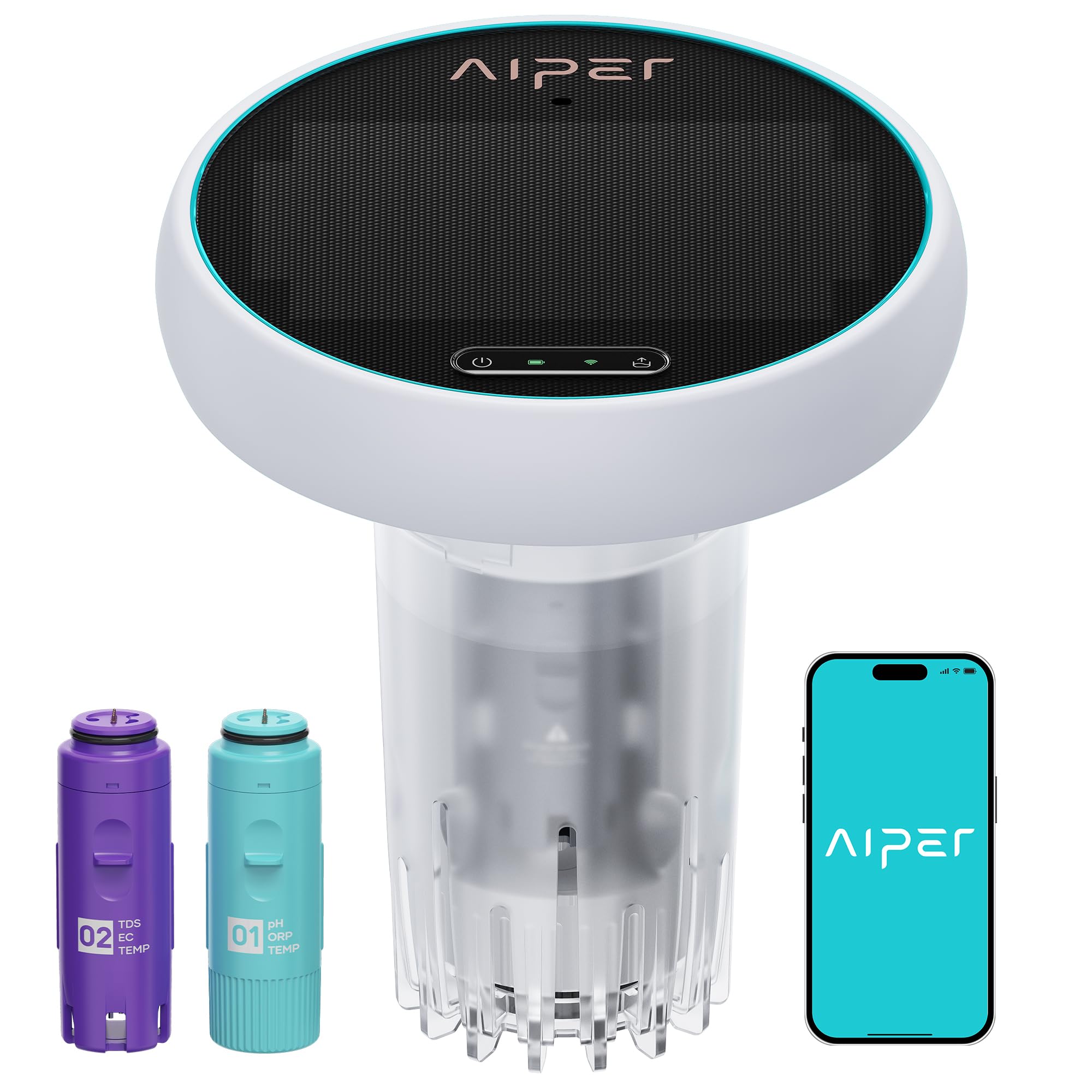 AIPER HydroComm Smart Pool Monitor, 24/7 Automatic Water Testing for Pools, Hot Tubs & Spas, 5-in-1 Accurate Digital Tester, App Control, Customized Optimization Tips, White