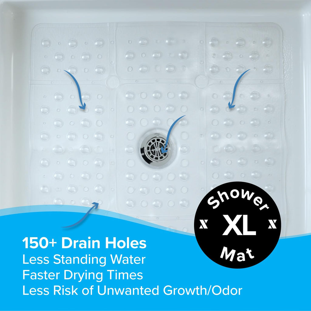 SlipX Solutions Extra Large Square Shower Mat, 27"x27", Non-Slip Stall Mat for Elderly & Kids Standing Bath Tub Mat, Machine Washable, Suction Cups, Clear