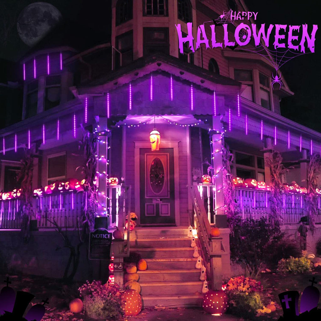 JMEXSUSS 2 Pack Purple Solar Halloween Lights, 16 Tube 288 LED Solar Meteor Shower Rain Lights, Solar Christmas Lights Outdoor Waterproof for Tree Halloween Christmas Decorations