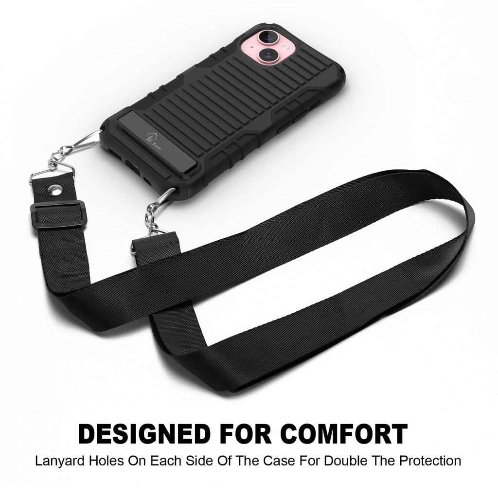 E-Tree for iPhone 15 Case, with Crossbody Strap and Stand, Protective Shockproof Hard Phone Case Black, Perfect for Go Outside and Kid Elderly