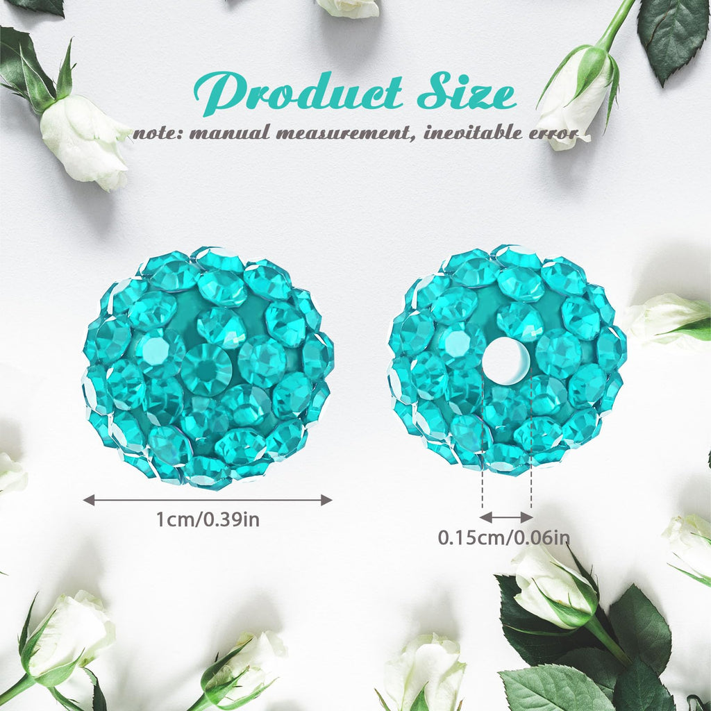 Hicarer 120 Pcs Rhinestone Beads for Jewelry Making 10mm Shiny Crystal Diamond Clay Beads Disco Ball Polymer Clay Round Bead Bulk for Crafting DIY Bracelet Necklace Earring Christmas(Lake Blue)