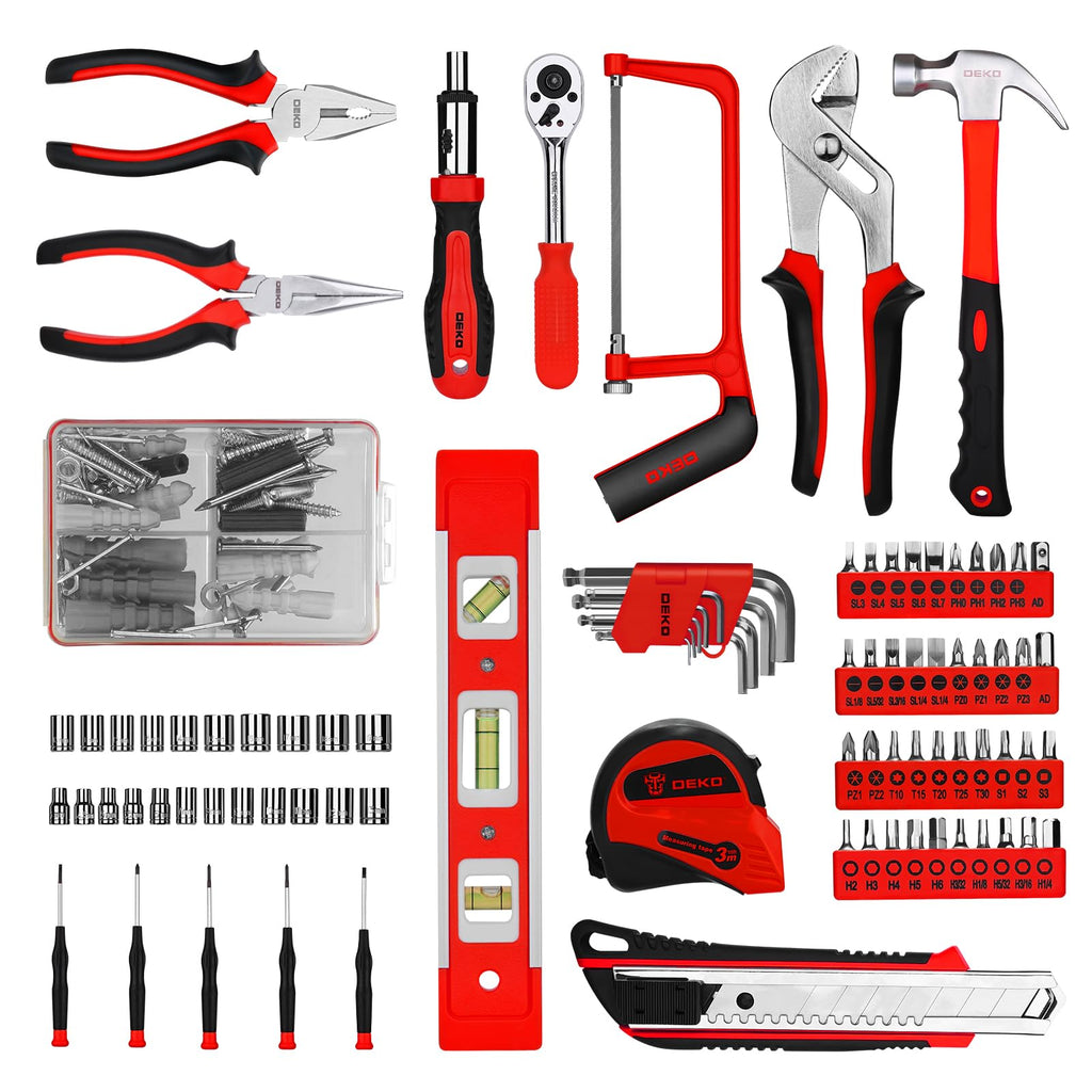DEKOPRO Tool Set:228 Piece Home Tool Kit, Household Basic Repair Tool Set Comes with Plastic Storage Case, Socket Wrench Set for Car-Red