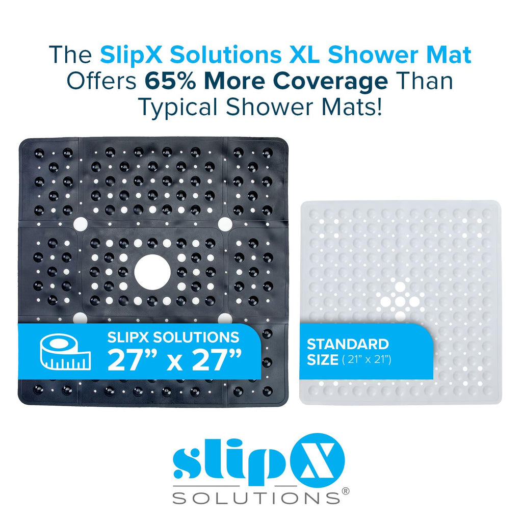 SlipX Solutions Extra Large Square Shower Mat, 27"x27", Non-Slip Stall Mat for Elderly & Kids Standing Bath Tub Mat, Machine Washable, Suction Cups, Black