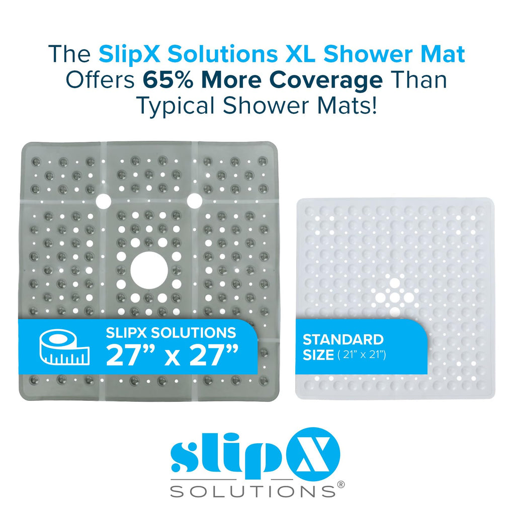 SlipX Solutions Extra Large Square Shower Mat, 27"x27", Non-Slip Stall Mat for Elderly & Kids Standing Bath Tub Mat, Machine Washable, Suction Cups, Translucent Gray